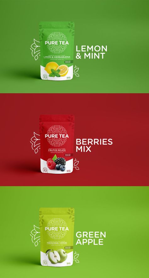 Tea Brand Packaging Design, Clean Package Design, Tea Product Design, Fruits Design Ideas, Tea Design Package, Tea Packaging Ideas, Product Branding Design, Tea Package Design, Drink Packaging Design