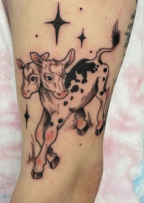 Creepy Patchwork Tattoo, 2 Headed Cow Tattoo, Cute Quirky Tattoos, Cow With Wings Tattoo, Locness Monster Tattoo, Fairy Cow Tattoo, Gothic Style Tattoos For Women, Double Headed Cow Tattoo, Silly Animal Tattoos