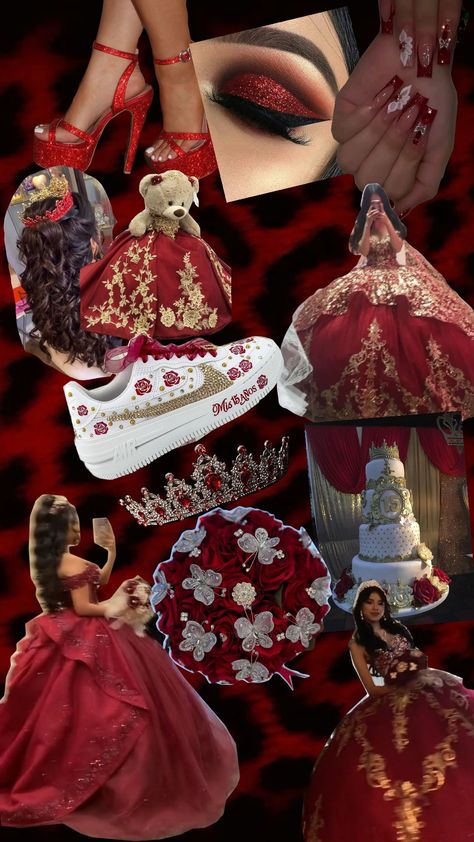 Red Quinceanera Mariachi Quinceanera Dress Red, Quinceanera Dresses In Red, Quince Dresses Black And Red, Burgundy Red Quince Dresses, Queen Of Hearts Quinceanera Dress, Red Dresses For Quinceanera, Red Quinceanera Chambelanes, Red And Gold Birthday Theme, Mexican Quince Theme