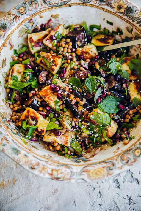 Midsummer Recipes, Healthy Summer Lunch, Lentils Salad, Salad Pomegranate, Vegan Halloumi, Roasted Eggplant Salad, Cherries Salad, Halloumi Salad, Eggplant Salad