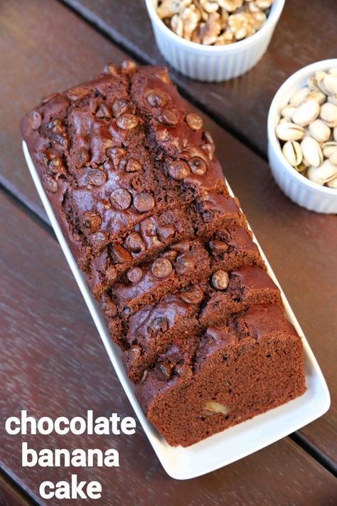 chocolate banana cake recipe | banana and chocolate chip cake Choco Banana Cake, Banana Chocolate Chip Cake, Red Birthday Cake, Banana Cake Recipes, Banana And Chocolate, Chocolate Banana Cake, Resipi Kek, Chocolate Cake Recipe Moist, Cake Banana