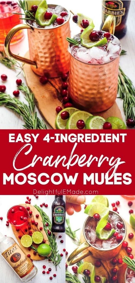 Looking for a quick and easy Cranberry Moscow Mule recipe? Look no further, these Christmas Moscow Mules are perfect for your holiday party, Friendsgiving or Christmas morning brunch. Just 4 ingredients are all you need to make these gorgeous cocktails! || Delightful E Made Cranberry Orange Moscow Mule, Mixed Drink For Large Group, Christmas Mules, Mule Drink Recipes, Christmas Mule, Gorgeous Cocktails, Cranberry Moscow Mule Recipe, Cranberry Mule, Holiday Mules