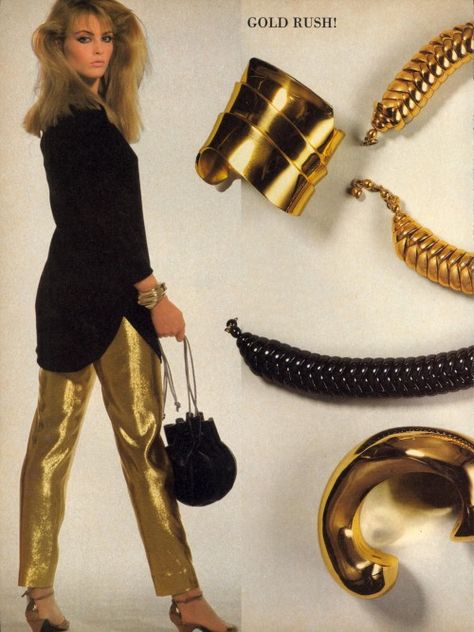 ’Gold Rush’ from……….Vogue December 1981 feat Kim Alexis 80s Disco Fashion, 1990 Fashion, Kim Alexis, Bold Gold Jewelry, 90s Mom, 80s Jewelry, 80's Fashion, Disco Fashion, 1980's Fashion