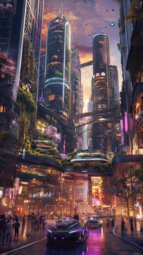 **Explore a Stunning Futuristic Cityscape with Vertical Gardens and Smart Living**   Imagine a breathtaking city where sleek, flowing buildings unite with lush vertical gardens and solar facades. Energy-efficient vehicles converge in vibrant pedestrian zones, alive with digital art and diverse individuals exploring their surroundings. Twilight casts a magical glow over this inclusive world.   #FuturisticCity #VerticalGardens #DiverseCommunity #midjourney Futuristic Apartment Exterior, Futuristic New York City, Sci Fi City Aesthetic, Fantasy Cyberpunk City, Scifi City Concept Art, Magitech City, Futuristic City Aesthetic, Cyberpunk City Concept Art, Sci Fi City Futuristic Architecture