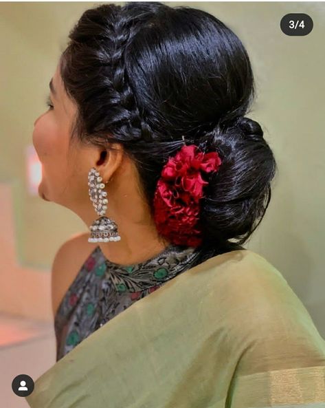 Onam Dress Hairstyle, Onam Special Hairstyles, Low Bun Wedding Hair Indian, Simple Bun Hairstyles Indian Wedding, Haïr Style For Wedding Guest Indian, Kathak Hairstyle, Koppu Hairstyles Indian, Onam Hairstyles For Women Short Hair, Hair Buns For Medium Hair Wedding Indian