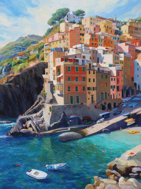 Painting Ideas Italy, Cinque Terre Drawing, Painting Of Italy On Canvas, Cinque Terre Art, Cinque Terre Painting, Cinque Terre Italy Painting, Italy Paintings, Italy Street Painting, Diy Christmas Canvas