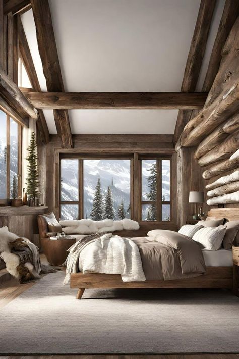 Modern Alpine Interior, Mountain Cabin Bedroom, Mountain Home Bedroom, Cozy Cabin Bedrooms, Tiny Couch, Cozy Mountain Home, Mountain Interior Design, Mountain Bedroom, Lodge Bedroom