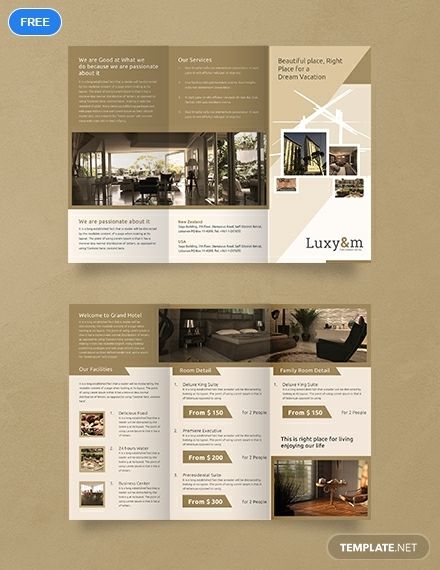 A brochure template that is perfect for your hotel establishment. Download this for free and use high-quality layouts, photos, and graphic files you can freely customize to suit your preferences. Brochure Design Layouts, Brochure Design Creative, Brochure Design Layout, Trifold Brochure Design, Corporate Brochure Design, Pamphlet Design, Desain Editorial, Fold Brochure, Leaflet Design