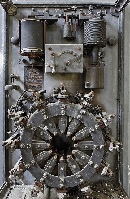 One of the relics left in the control room of the power plant.  The tag reads:    Voltage Regulator For Generators    No. 42970    Type TA125 Form K-12    A.C. Volts 100-125    Exciter Volts 50-125    Cycles 25-125    Patented Dec. 30, 1913 Mar.10, 1914 June 30, 1914 May 2, 1916    General Electric Co.  Schenectady, N.Y., U.S.A.  GE’s Schenectady plant is just a short stretch down the river from here.  More images from the old Mohasco carpet complex power plant are here: www.flickr.com/photos/95 Industrial Steampunk, Industrial Machinery, Industrial Machine, Industrial Photography, Decoration Originale, Steampunk Art, Machine Parts, Industrial Art, Mechanical Design