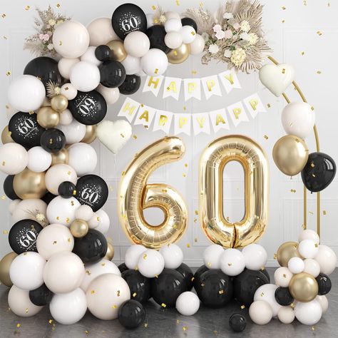 PRICES MAY VARY. ✨60th BIRTHDAY DECORATIONS✨:60th black gold birthday party decorations for women man include 40inch "60"foil balloons,1pc“happy birthday”banner,28pcs sand white balloons(5+10+12"),25pcs black balloons(5+10"),16pcs metallic champagne gold balloons(5+10"),10pcs white balloons(5+10"),5pcs 12inch“60”printed black balloons,2pcs heart-shaped foil balloons,2pcs long balloon,glue,balloon strip,ribbon. ✨EASY TO ASSEMBLE✨：Putting together this 60th birthday balloons is a breeze.To make th Black White Gold Engagement Party, Black And White Birthday Decorations, Gold And Black Birthday Party, Birthday Decorations Black, 60th Birthday Party Themes, Birthday Balloon Arch, 60th Birthday Balloons, 60 Balloons, Gold Engagement Party