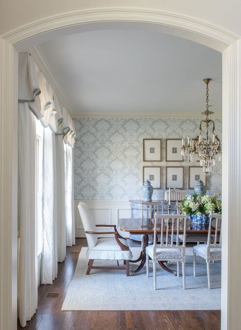 Dining room wallpaper ideas: 11 ways to decorate for drama | Homes & Gardens Dining Room With Wallpaper Above Chair Rail, Traditional Wallpaper Dining Room, Classic Dining Room Wallpaper, Wallpaper In Dining Room With Chair Rail, Accent Wall Dining Room Wallpaper, Painted Trim Dining Room, Subtle Dining Room Wallpaper, Family Room Wallpaper Ideas, Formal Dining Room Wallpaper