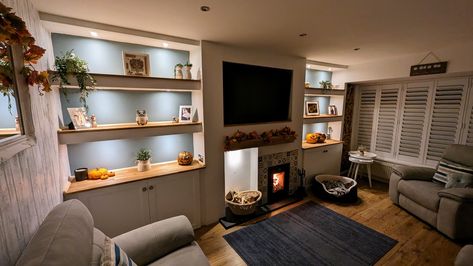 Wood Burner Media Wall, Media Wall With Log Burner, Log Burner Living Room, Gifts Board, Wood Mantle, Log Store, Traditional Media, Grey Lounge, Log Fires