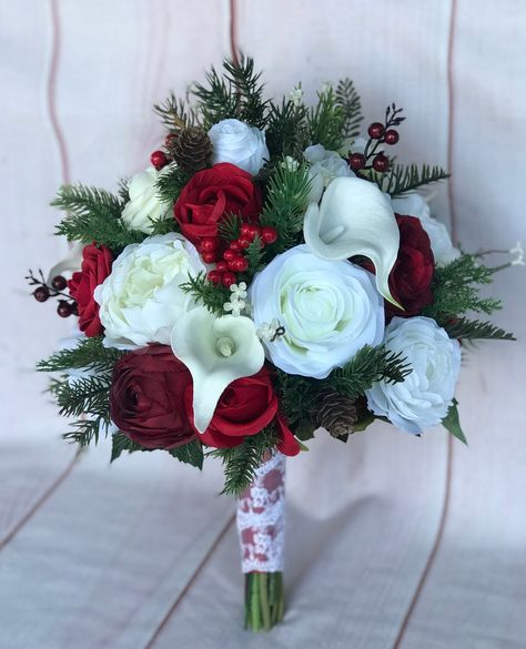 Winter Wedding Bouquet, Christmas Wedding Flowers, Red White Wedding Flowers, Winter Bridesmaid Flowers, Pine Evergreen Bouquet, Bridal - Etsy Wedding Christmas Bouquet, Christmas Theme Bouquet, Wedding Dresses Christmas Winter, Diy Christmas Bouquet Ideas, Bridal Bouquet Christmas, Christmas Bridesmaid Bouquet, Christmas Wedding Flowers Bouquets, Winter Bouquet Flowers, Winter Wedding Centerpieces Elegant