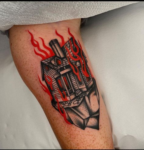 Burning House Tattoo, House Tattoo, Burning House, Fire Tattoo, Creepy Tattoos, Tattoo Apprentice, Red Tattoos, Fire Designs, Tattoo Portfolio