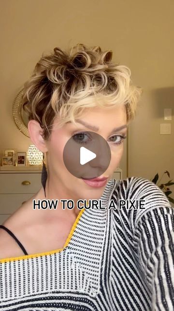 Melissa Smith - Over 40 Hair & Selfcare on Instagram: "How to curl a pixie-the most important step is choosing the correct curling iron size. If your iron is too small your style will resemble Sophia from The Golden Girls. If your iron is too big you won’t achieve curls at all. You want to choose an iron that your hair can wrap around at least 2 times. Anything less than 2 times, will only give you volume, wave or nothing at all.   My hair is 3-5 inches long so I chose the .75” Style Stix from @stylecraftpro save with code HAIRMUBEE15 at Stylecraftus.com  I can use up to 1” with my hair length. I like to alternate my curls in different directions as well as leaving the ends out on some sections to create a less uniform look.   The 2nd most important step is heat protection followed by how How To Style Wavy Pixie Hair, Curling Super Short Hair, Curly Iron Tutorial, Curling Very Short Hair, Curling Pixie Hair Tutorials, Short Hair Ironing Styles, Curl Pixie Hair Tutorials, Curling Iron Curls Short Hair, How To Create Waves In Short Hair