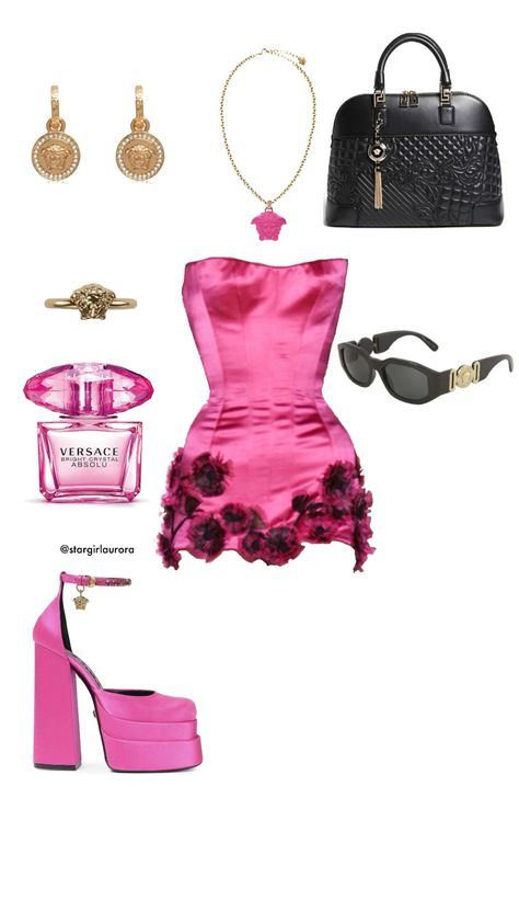 Hot Pink Classy Outfits, Pink Versace Outfit, Versace Style Outfit, Versace Outfit Aesthetic, Hot Pink Clothes Aesthetic, Versace Outfit Ideas, Hot Pink Outfit Ideas Party, Barbie Pink Dress Outfits, Pink Polyvore Outfits