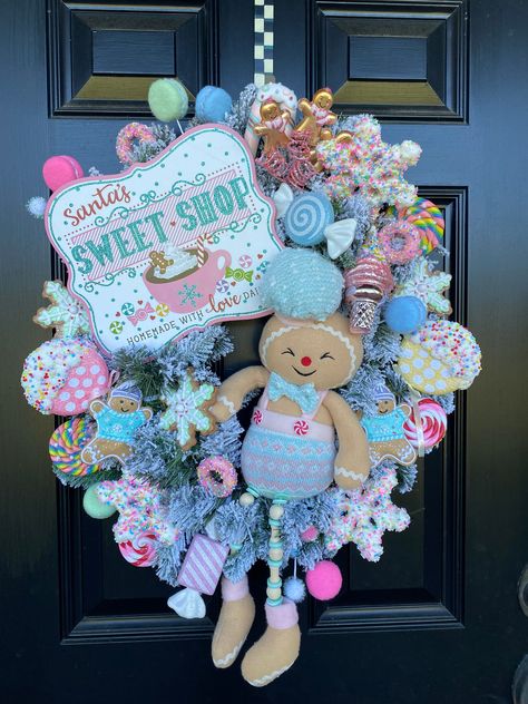 Candy Land Christmas Wreath, Pastel Christmas Wreath, Gingerbread Girl Wreath, Pastel Gingerbread, Cookies And Candy, Fun Invitation, Gingerbread Wreath, Christmas Wreath For Front Door, Candy Wreath