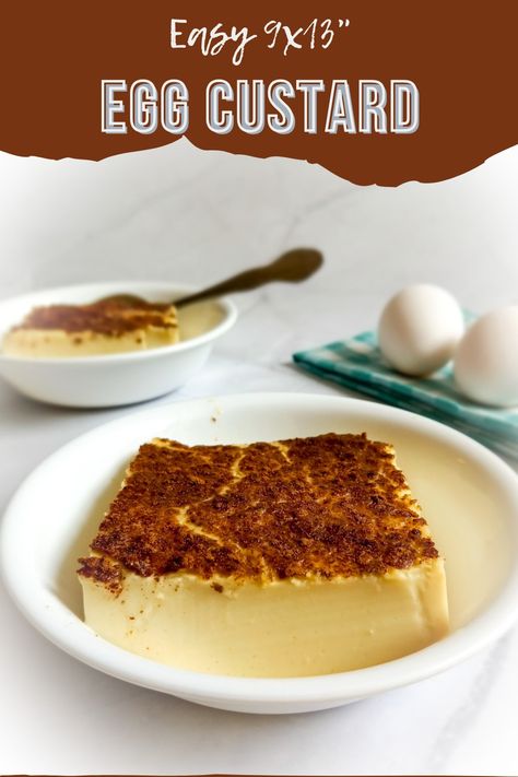 Two small bowls with egg custard and eggs in background Tiramisu, Flan, Egg Custard Cups, How To Make Egg Custard, Egg Custard Pudding Recipe, Baked Egg Custard Recipe, Whole Egg Custard, Baked Custard Recipe Simple, Duck Egg Custard