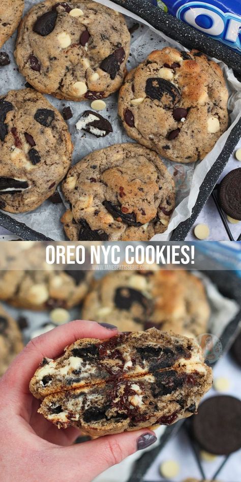 Giant chunky NYC style cookies stuffed with white, dark chocolate chips, and Oreo chunks! Oreo NYC cookies are heavenly! Patisserie, Chunky Cookie Recipe, Cookies Nyc, Nyc Cookies, Levain Cookies, Oreo Cookie Recipes, Oreo Stuffed Chocolate Chip Cookies, Cookies Stuffed, Janes Patisserie