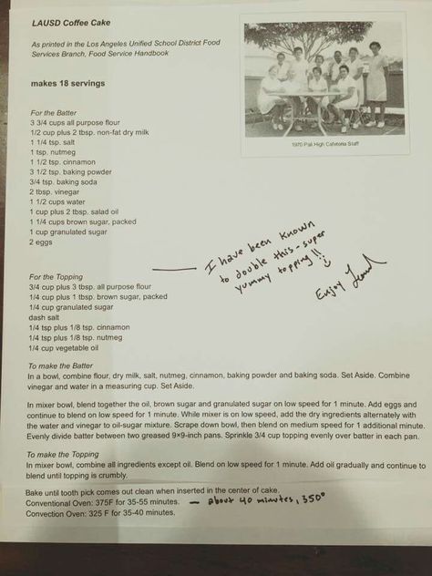 LAUSD, CA school district's coffee cake recipe La Unified School District Coffee Cake, School Coffee Cake Recipes, Old Fashioned School Cafeteria Recipes, School Cafeteria Desserts, Usda School Cafeteria Recipes, Lausd Coffee Cake Recipes, Old School Cafeteria Recipes, Lubys Recipes Desserts, School Lunch Recipes Cafeterias