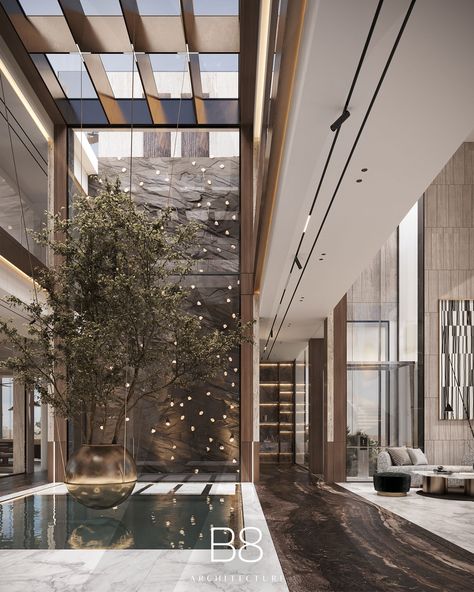 Villa Bvlgari / Interior Design - B8 Architecture and Design Studio Modern Residential Interior Design, Double Height Design, Residential Lobby Design, Double Height Entrance, Modern Foyer Design, B8 Architecture, Double Height Lobby, Neoclassical Interior Design, Zen Nature