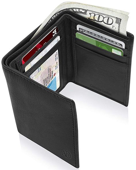 Genuine Leather Wallets For Men - Trifold Mens Wallet With ID Window RFID Blocking,Smooth Black Slim Wallet Men, Unique Wallets, Leather Trifold Wallet, Anti Theft Backpack, Rfid Blocking Wallet, Branded Wallets, Front Pocket Wallet, Rfid Wallet, Wallet Gifts