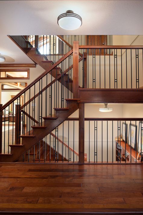 Traditional Stairs, Craftsman Staircase, Outdoor Stair Railing, Wrought Iron Stair Railing, Interior Railings, Craftsman Interior, Iron Stair Railing, Wrought Iron Stairs, Stair Railing Design