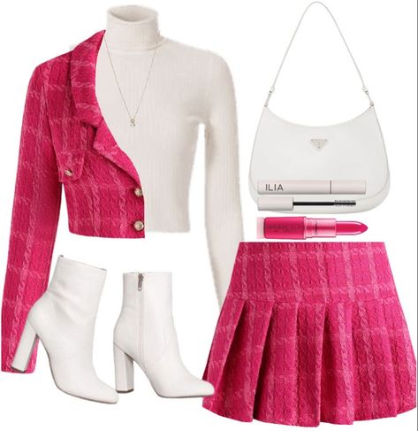 Pink High School Outfit, White And Pink Clothes, Pink Everyday Outfits, Shoplook Outfits Kpop, Hot Pink Outfit Ideas, Kpop Outfit Ideas, Pink Polyvore, Cute Outfits Pink, Best Winter Outfits