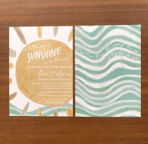 Sunset Baby Shower Theme, Beachy Baby Shower Ideas, Beach Themed Baby Shower Ideas, Beach Theme Baby Shower Ideas, Beach Baby Shower Theme, Sunset And Ocean, Ocean Baby Shower Theme, Summer Baby Shower Themes, Sunshine Baby Shower Invitations