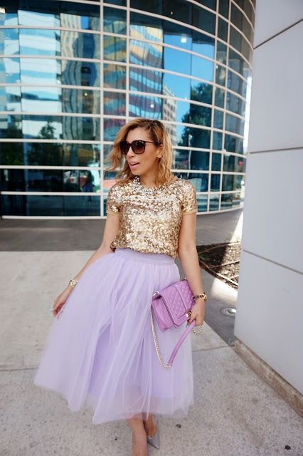 @roressclothes closet ideas #women fashion outfit #clothing style apparel purple skirt, glossy blouse Purple Skirt Outfit, Purple Tulle Skirt, Outfit Engagement, Tulle Skirts Outfit, Skirt Sequin, Gonna In Tulle, Purple Tulle, Gold Tulle, Louboutin Pigalle