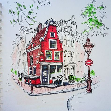 Drawing City, Ing Civil, Urban Painting, A Level Art Sketchbook, Watercolor Architecture, Holland Netherlands, Watercolor Pictures, Diy Watercolor Painting, Architecture Drawing Art