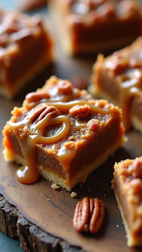 Caramel Pecan Pie Bars Fall Bars, Caramel Pecans, Caramel Pecan Pie, Creamy Pudding, Pecan Pie Bars, Pie Bars, Pecan Recipes, Crunchy Pecans, Caramel Pecan