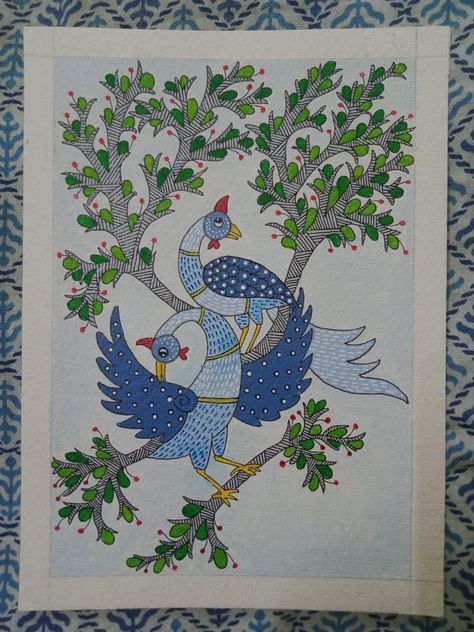 Gond Peacock Painting, Gond Art Birds, Gond Painting Peacock, Colourful Bird Drawing, Gond Art Motifs, Gond Art Peacock, Gond Painting Folk Art, Poster Colour Painting Ideas, Gonda Art