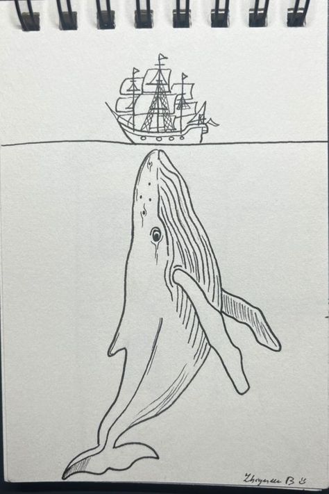 Underwater Art Drawing, Simple Marker Drawing Ideas, Pirate Ship Drawing, Whale Sketch, Underwater Drawing, Shrunken Heads, Whale Drawing, Big Whale, Ship Drawing