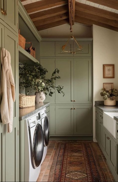 Angie Bailey Laundry Room Olive Green, Green Utility Room, Olive Green Laundry Room, Inviting Interior Design, Laundry Storage Room, Laundry Room Organizing, Laundry Room Pantry, Boot Room Utility, Green Laundry