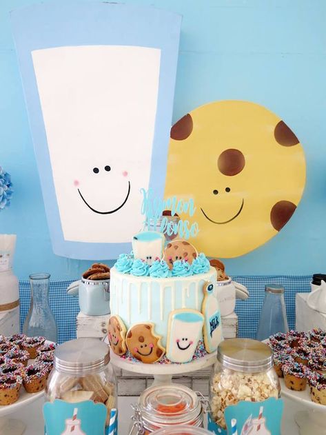 Chocolate Milk Birthday Party, Chocolate Chip Cookie Party Theme, Cookies And Milk Themed Birthday Party, Milk And Cookies Theme Party, Milk And Cookies Birthday Cake, Milk And Cookies First Birthday Cake, Cookie And Milk Birthday Party, Milk And Cookies Cake Smash, Milk Party Ideas