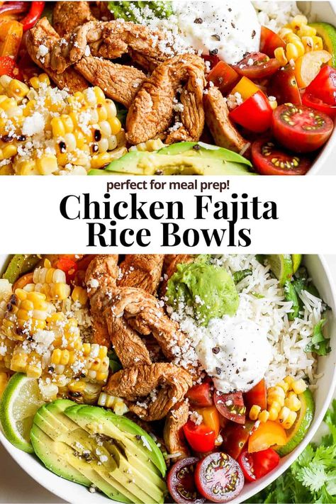 Chicken Fajita Bowl - a delicious, flavorful homemade chicken fajita bowl that is perfect for meal prep and kid-friendly! #chickenfajitabowl #chickenfajitabowlrecipe #chickenfajitabowlhealthy #chickenfajitabowlmealprep #chickenfajitabowlwithrice Chicken Fajita Salad Bowl, Baja Bowl With Chicken, Steak Fajita Bowls With Garlic Lime Rice, Energy Bowls Recipes, Fajita Bowls Chicken, Chicken Fajita Bowls Healthy, High Protein Fajita Bowl, Fajita Seasoning Recipe Chicken, Chicken Fajita Meal Prep Bowls