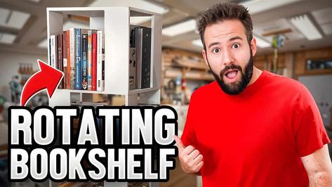 DIY Rotating Bookshelf Project Revolving Bookcase Diy, Diy Rotating Bookshelf, Lazy Susan Hardware, Rotating Bookshelf, Book Tower, Scroll Saws, Wood Repair, Dust Extractor, Teak Oil