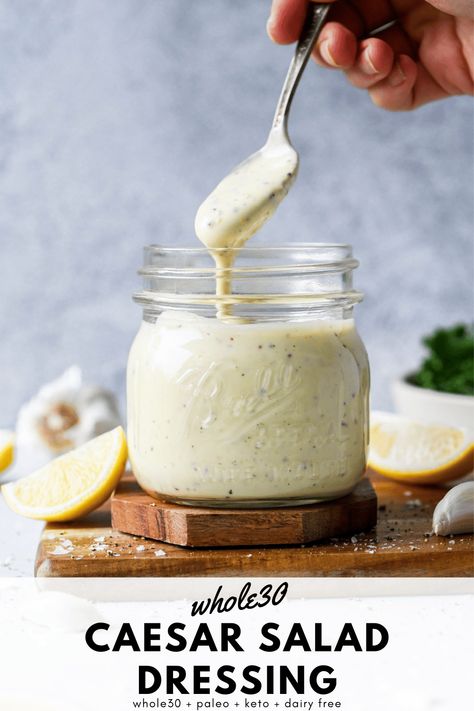 This whole30 caesar salad dressing it one of my all time favorite dairy free salad dressings! It is rich, lemony, garlicky, insanely creamy, and full of punchy flavor. And when you start with some of my easy Whole30 avocado oil mayo or a Whole30 compliant mayonnaise it comes together in less than 5 minutes! Can be made with or without anchovies. Whole30, paleo, dairy free, keto, and gluten free. #whole30recipe #caesarsaladdressing #dairyfreedressing #glutenfreedairyfree Dairy Free Caesar Dressing, Dairy Free Salad Dressing, Healthy Caesar Salad, Dairy Free Dressing, Creamy Caesar Dressing, Homemade Caesar Salad Dressing, Dairy Free Salads, Classic Caesar Salad, Paleo Salads