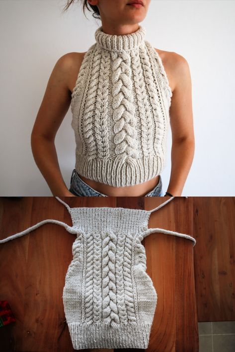 crazy for cables? get plenty of pracice with this cableicous cable knit halter top pattern. Halter Top Knitting Pattern, Cable Knit Tank Top, Knitted Halter Top, Handicraft Ideas, Top Knitting Pattern, Halter Top Pattern, 100 Crochet Stitches, Crochet Sweater Vest, Crochet Cable