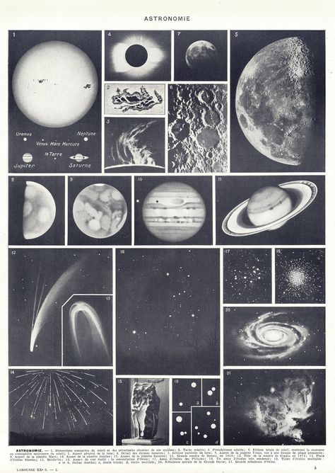 "Double-sided vintage black and white astronomy print. It shows on one side illustrations of the solar system's planets and the starry night sky and on the reverse photographs of famous observatories and telescopes.  This vintage astronomy poster comes from a 1936 French Larousse dictionary and illustrated the \"astronomie\" article, which of course means Astronomy in French. This lovely astronomy print would make a perfect astronomy gift for a great astronomy decor. 𝗦𝗜𝗭𝗘 : page approx. 23.4 x 31.5 cm (9 1/4\" x 12 3/8\"), image approx. 19,7 x 27 cm (7 7/8\" x 10 5/8\"). 𝗔𝗨𝗧𝗛𝗘𝗡𝗧𝗜𝗖𝗜𝗧𝗬 : This is not a copy but an actual dictionary page from 1936, that comes from a damaged volume. This page is in excellent condition except for a slight crease mark in a corner. 𝗦𝗛𝗜𝗣𝗣𝗜𝗡𝗚 Space Themed Cover Page, Space Wall Prints, Sleeping At Last Poster, Astronomy Poster Aesthetic, Aesthetic Photos For Wall Vintage, Astronomy Telescope Aesthetic, Poster Prints Vintage Black And White, Astronomy Themed Bedroom, Dorm Decor Posters