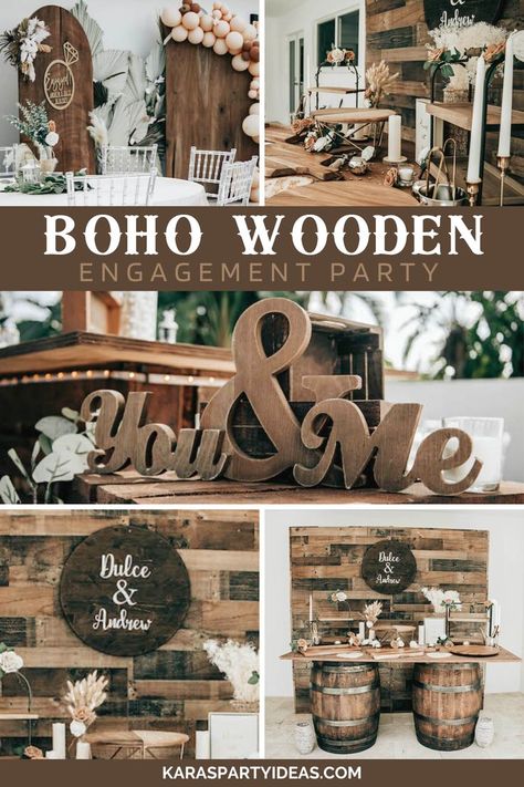 Such a lovely Boho Wooden Engagement Party by Sonia Lopez of Dreamers Events, out of Hialeah, Florida! Boho Engagement Party Ideas, Boho Chic Engagement Party, Western Engagement Party Ideas, Boho Engagement Party Decorations, Rustic Engagement Party Ideas, Boho Engagement Party, Engagement Party Rustic, Engagement Party Table, Boho Themed Party