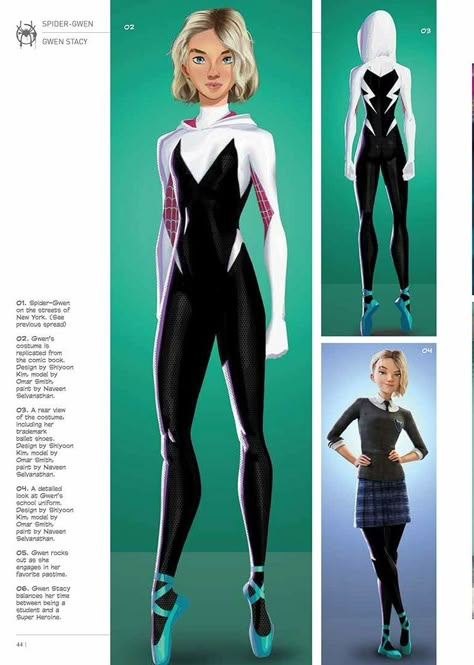 Spider Gwen Full Suit, Gwen Cosplay Spiderman, Marvel Costume Concept Art, Spider Gwen Character Design, Spiderman Spiderverse Concept Art, Gwen Stacy Atsv Reference, Across The Spider Verse Reference, Spiderman Into The Spiderverse Character Design, Spider Gwen Design