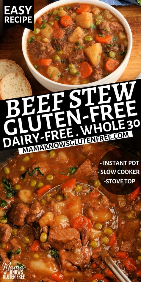 Gluten-free beef stew in a white bowl with bread and a pot of beef stew with a ladle. Gluten Free Beef Stew, Gluten Free Dairy Free Recipes Dinner, Gluten Free Dairy Free Dinner, Gluten Free Crock Pot Recipes, Gluten Free Instant Pot, Dairy Free Recipes Dinner, Easy Beef Stew, Dairy Free Soup, Dairy Free Dinner