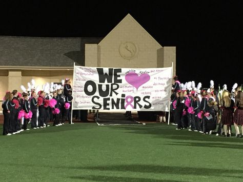 Senior night with all the names and Pink Out Senior Night Banner Ideas, Senior Banner Ideas Cheer, Night Names, Senior Night Banner, Flag Football Senior Night Posters, Senior Night Banners Football, Senior Night Posters Cheerleading Football Signs, Cheer Banners For Football, Senior Night Banners