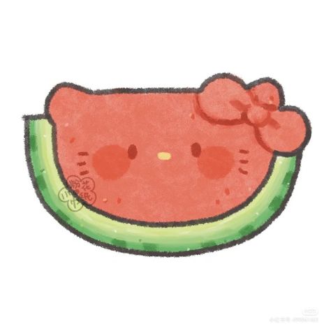 Aesthetic Watermelon Drawing, Watermelons Drawing, How To Draw A Watermelon, Sanrio Food Drawing, Easy Watermelon Drawing, Watermelon Art Illustrations, Sandia Aesthetic, Watermelon Slice Drawing, Cute Watermelon Drawing