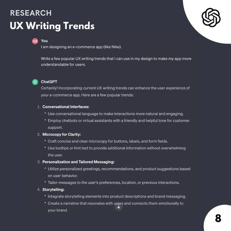 🤖 How can ChatGPT help to improve the quality of UX Writing? ➡ A combination of UX Writing and ChatGPT brings a new era in crafting compelling user-centric content. ➡ UX writers need to expand their productivity and outcomes by leveraging the power of AI. ➡ The UX writing and AI together redefine how we engage with our users. ➡ Defining the right prompts and asking quality questions as prompts will help you take advantage of ChatGPT to improve your work. See the first comment to get ... Ux Writing, E-commerce App, Me App, Writing Quotes, User Experience, Virtual Assistant, Ux Design, How Can, Writers