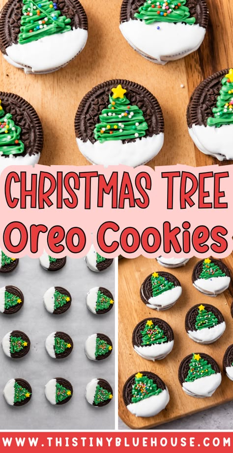 These Christmas tree Oreos are the perfect treat to make during the holiday season.    Oreo cookies are dipped in a candy coating and then decorated with icing and festive sprinkles to create easy Christmas cookies perfect for any holiday party, potluck or bake sale. Oreo Christmas Tree Cookies, Christmas Oreo Cookies Decorated, Christmas Tree Oreos, Holiday Oreo Cookies, Oreo Holiday Cookies, Oreo Christmas Tree, Oreo Cookie Christmas Treats, Oreo Dipped Christmas Cookies, Christmas Oreo Desserts