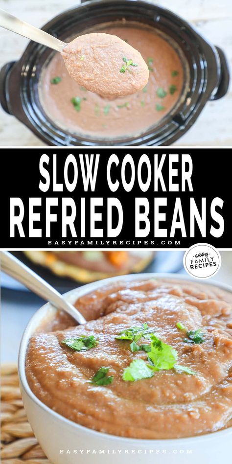 Making Refried Beans from scratch is easier than you think! With just a slow cooker, dried pinto beans and a handful of ingredients. This easy crockpot refried beans recipe cooks away all day giving you tons of flavor with no effort! This easy refried beans recipe feeds a crowd and is a great healthy side dish to add to any Mexican inspired meal. Try it with burritos, tacos, enchiladas, tostadas and more! Essen, Crock Pot Refried Beans Easy, Bariatric Refried Bean Recipes, Making Refried Beans, Refried Beans From Scratch, Slow Cooker Refried Beans, Crockpot Refried Beans, Mexican Refried Beans, Beans Recipe Crockpot