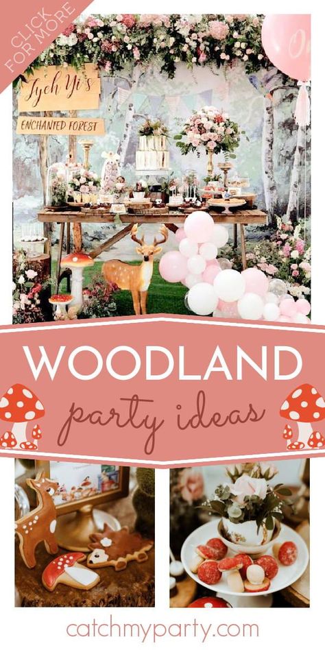 Take a look at this enchanting woodland birthday party! The dessert table and party decorations will blow you away! See more party ideas and share yours at CatchMyParty.com Forest Theme Birthday Party Girl, Woodland Sleepover Party, Boho Woodland Birthday Party, Girly Woodland Birthday Party, Woodland Kids Party, Woodland Creature Birthday Party, Forest Animals Birthday Party, Woodland Girl Birthday Party, Woodland Creatures Birthday Party